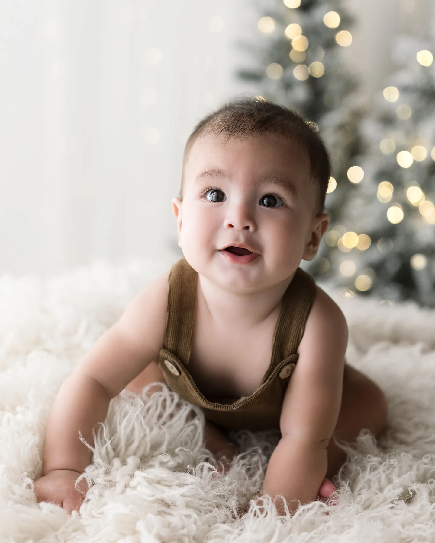 Bambino di pochi mesi in salopette di velluto sulla pelliccia bianca del set di Natale